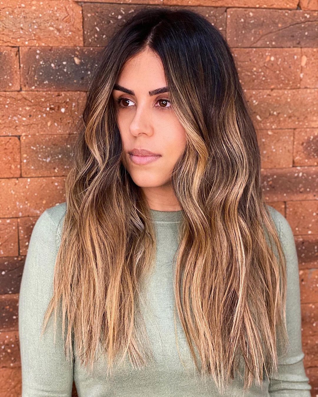 Beige Caramel Balayage with Dark Roots