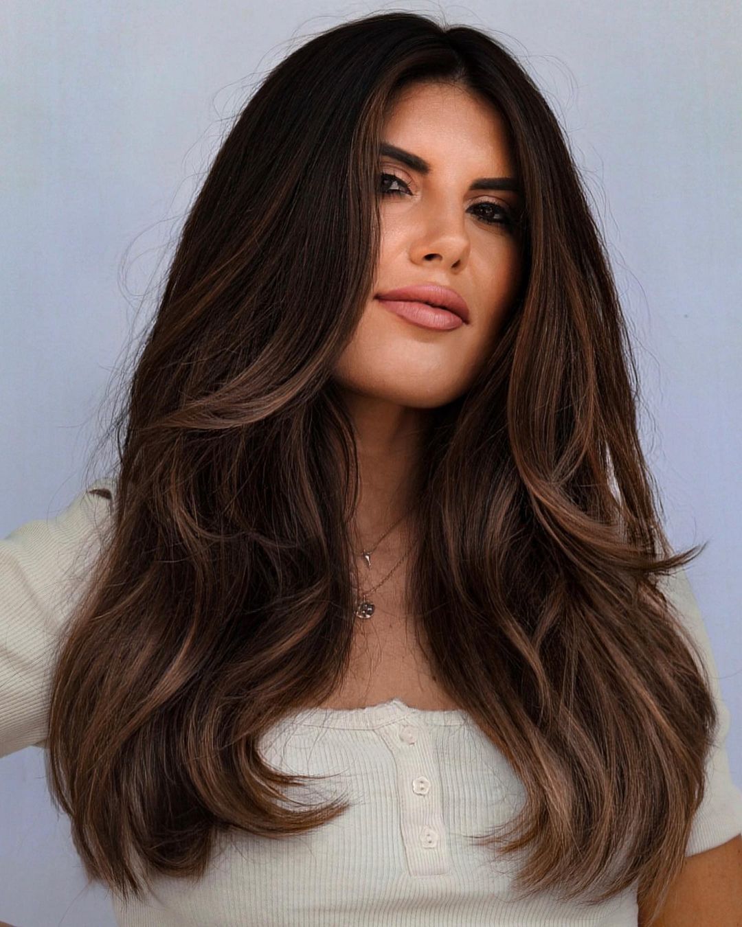 Deep Brown Hair with Subtle Face-Framing Balayage